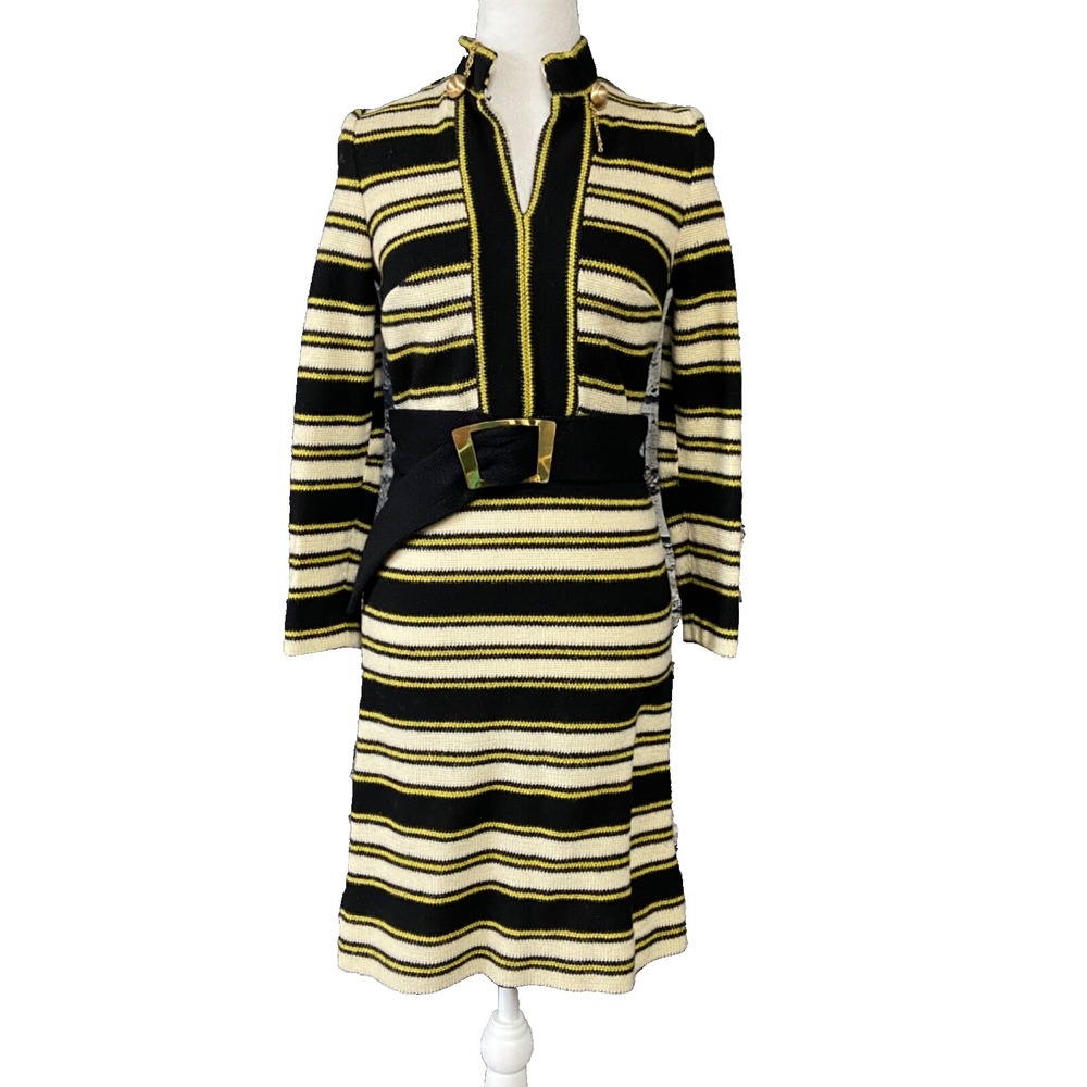 Vintage Mod Knit Dress Small Black Gold Geometric Stripe Belted Mock Neck 70s